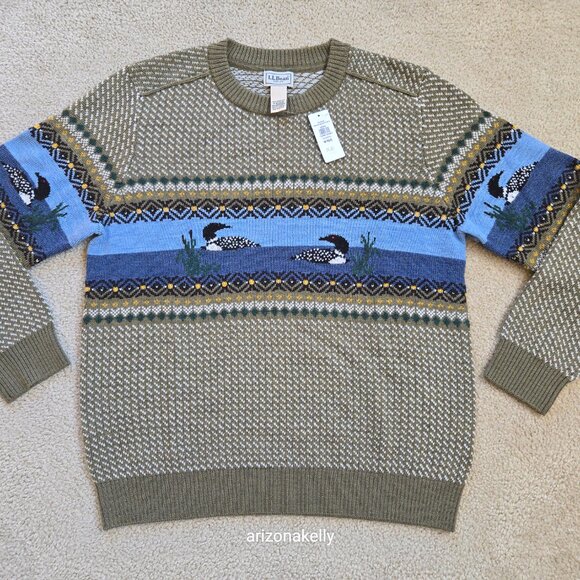 NWT *SOLD OUT* Men's L.L. Bean Merino Wool Sweater LOONS Lake Maine Bird - Picture 5 of 9